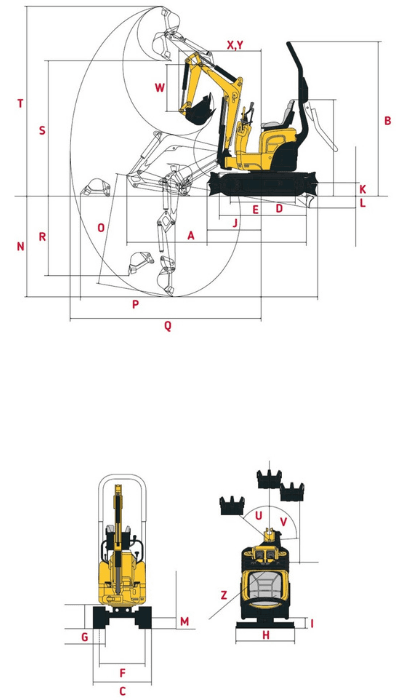 Abmessungen des SV08-1AS von Yanmar