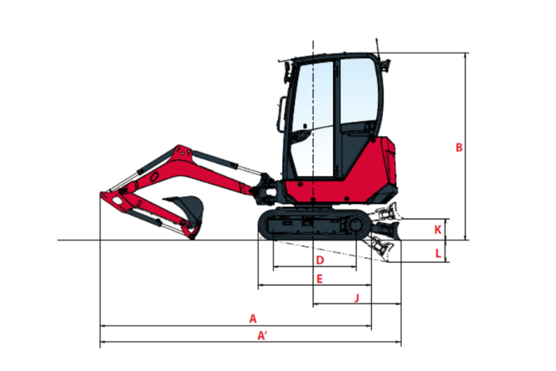 Abmessungen des SV17VT Minibaggers von Yanmar