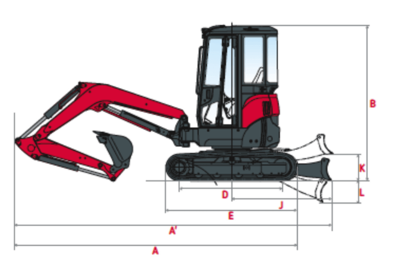 Technische Zeichnung 1 des Yanmar ViO33-6 mit Powertilt