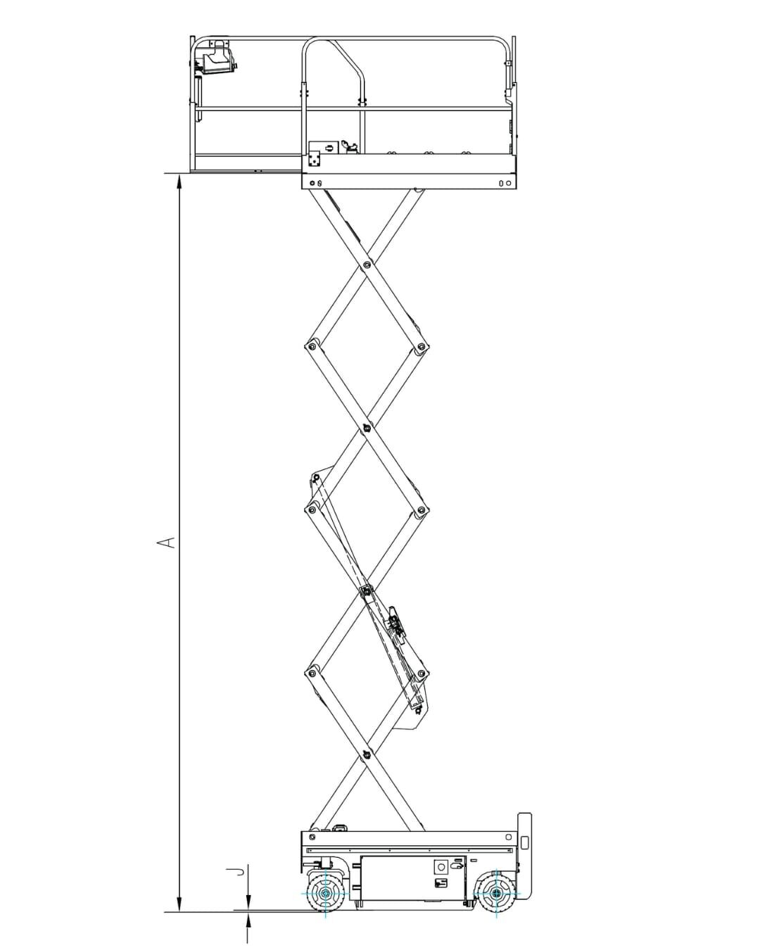 SWSL0807DC Scherenarbeitsbühne - Seitenansicht im ausgefahrenen Zustand