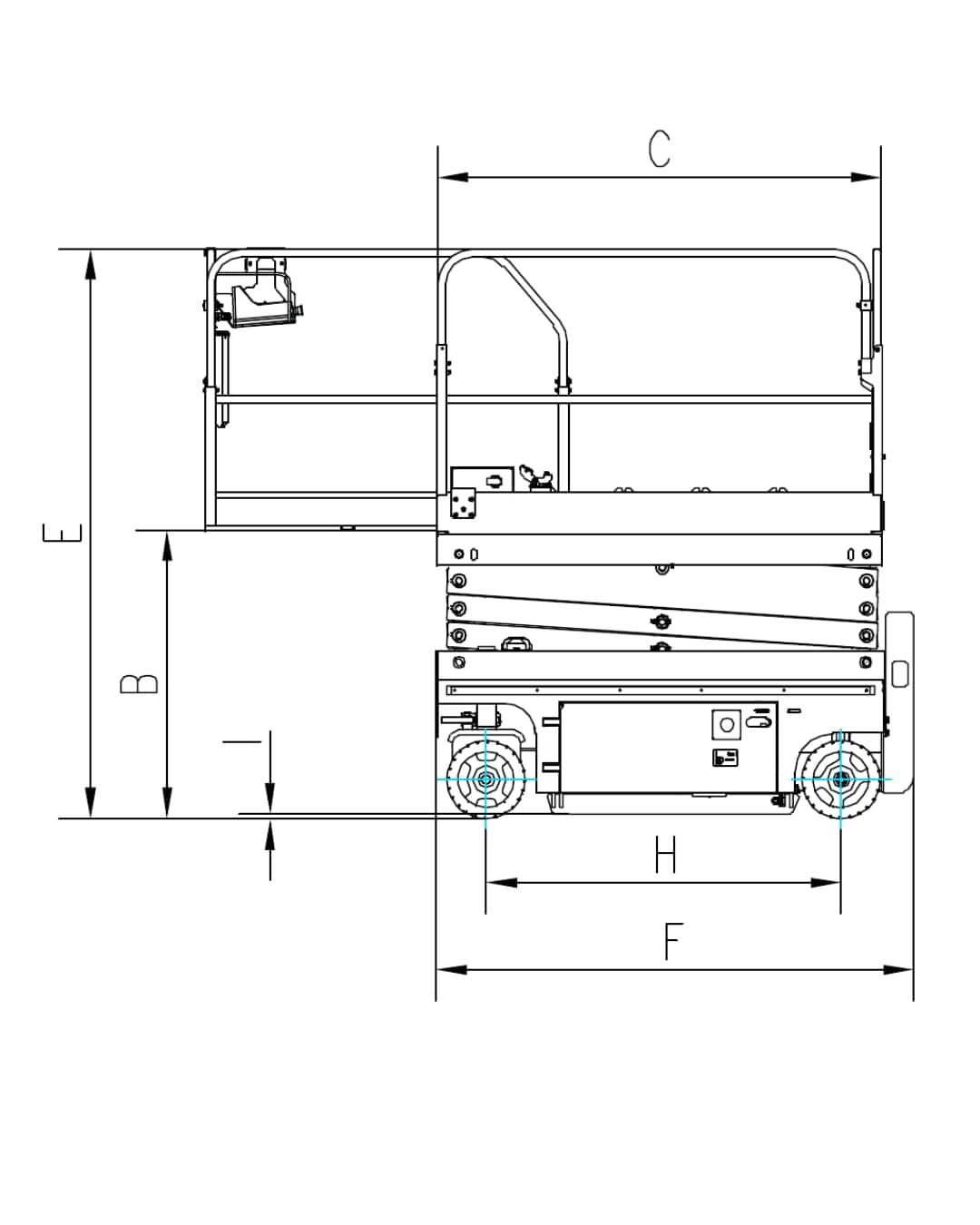 Technische Zeichnung der SWSL0807DC Scherenarbeitsbühne von der Seite im zusammengeklappten Zustand 
