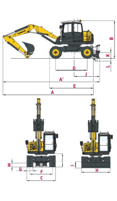 Abmessungen des Mobilbaggers B110W von Yanmar
